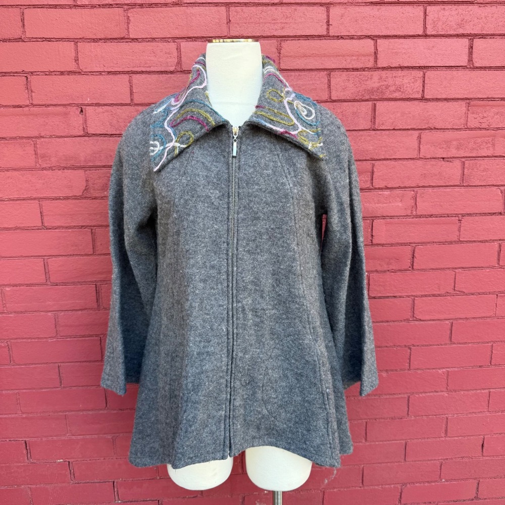 NWT For Cynthia Wool Jacket Womens Medium Embroidered Collar‎ Zip Up Jacket Coat